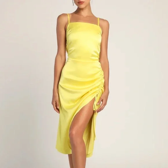 Lulus | Dresses | Bonafide Babe Yellow Satin Sleeveless Ruched Midi Dress  Size Small | Poshmark